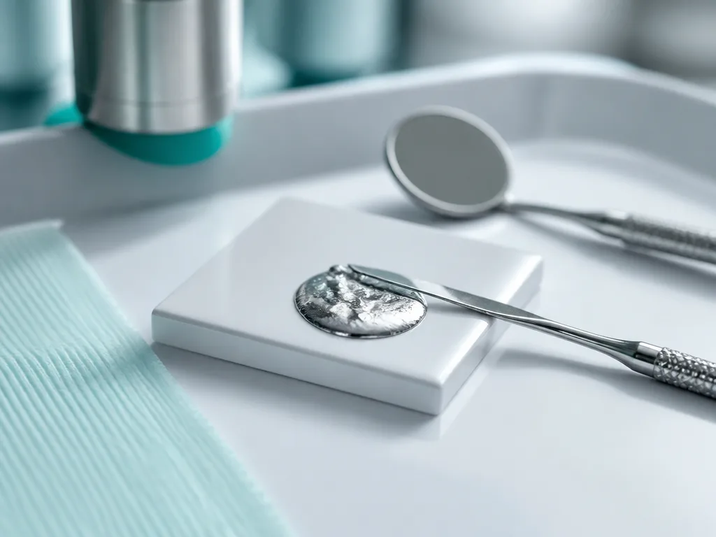 Dentalt fyllningsmaterial och tandläkarinstrument på en klinisk bricka