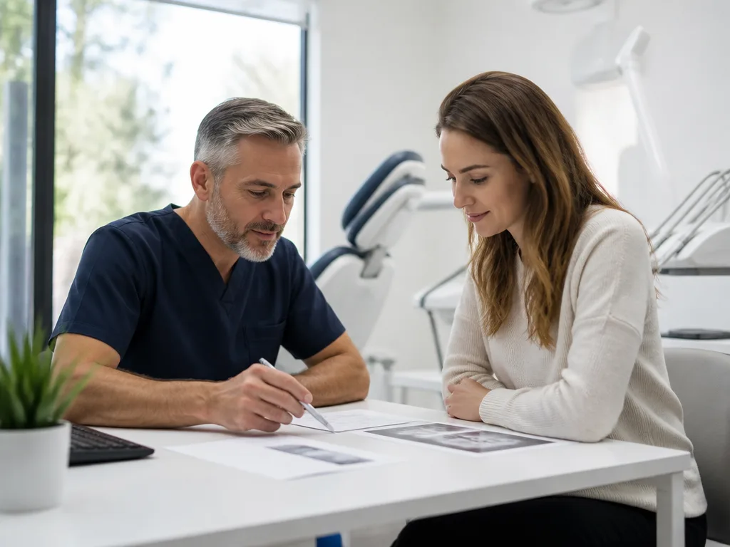 Tandläkare och patient går igenom behandlingsplan med dokument på modernt tandvårdskontor