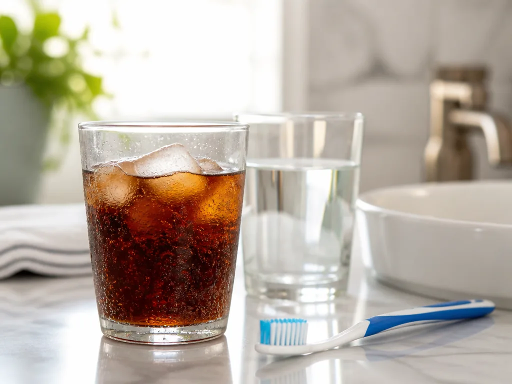 Glas läsk och tandborste på ett badrumsbord