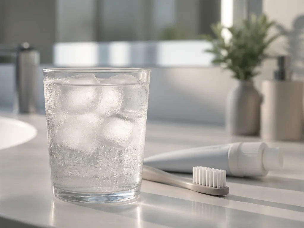 Ett glas isvatten med imma bredvid en tandborste och tandkräm på en badrumsbänk