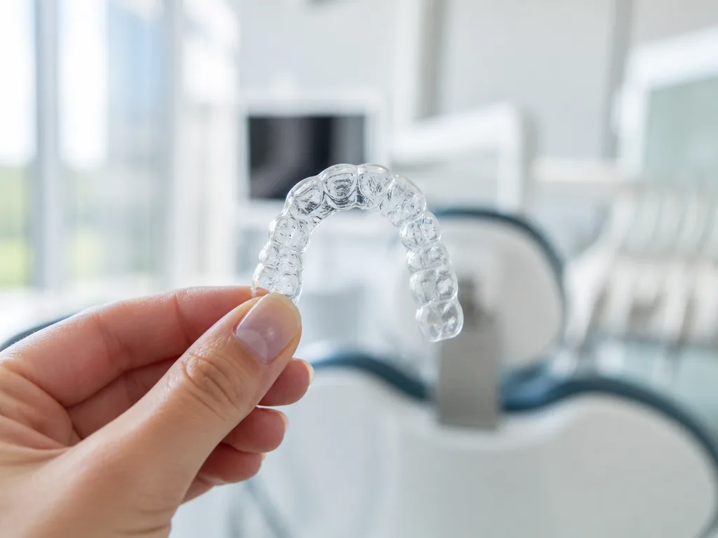 Genomskinlig Invisalign-skena hålls upp i en ljus modern tandklinik
