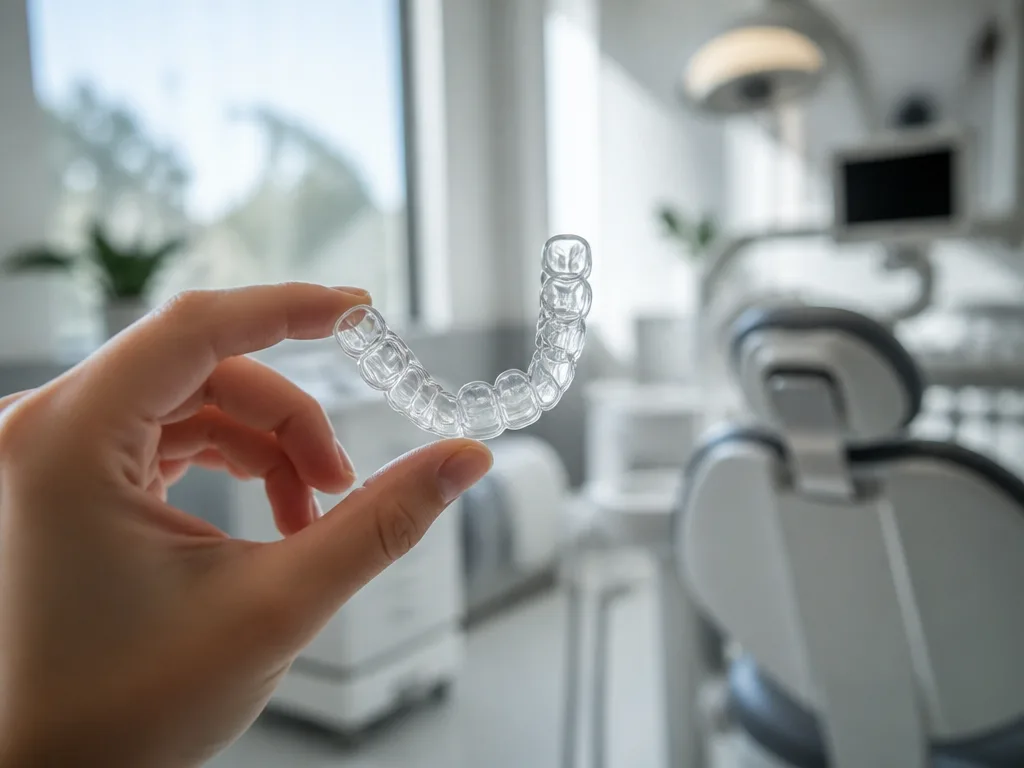 Genomskinlig tandställningsskena (Invisalign) hålls upp i en ljus modern tandklinik