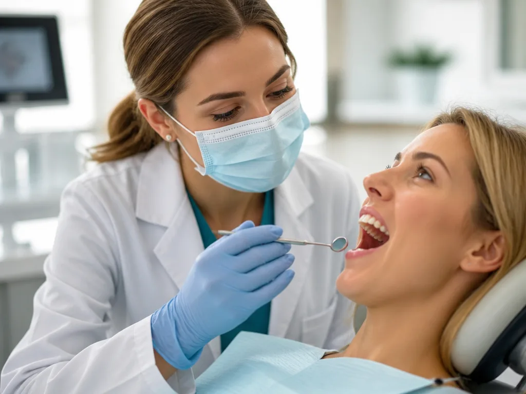 Tandläkare undersöker försiktigt en patients mun med dentalspegel i en ljus klinik