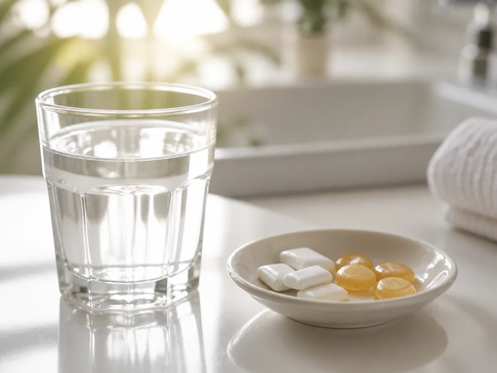 Glas vatten och sockerfritt tuggummi mot muntorrhet på ett badrumsbord i morgonljus