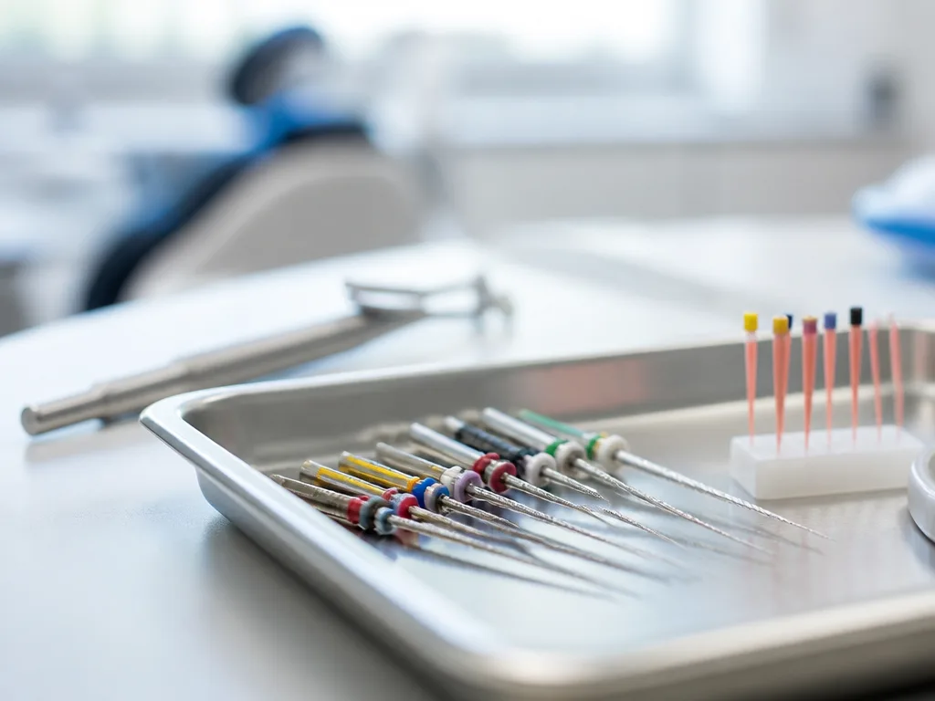 Endodontiska instrument och guttaperka-stift på sterilt bricka på tandvårdsklinik