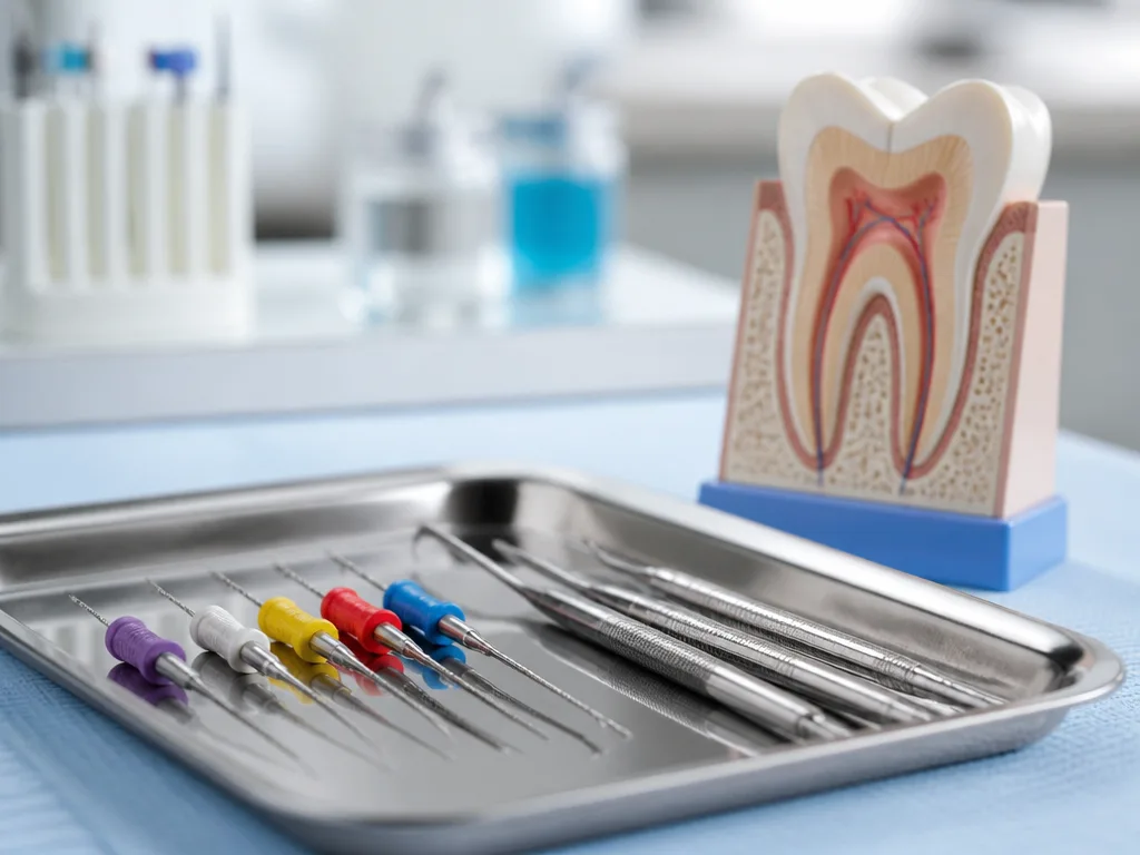 Endodontiska instrument på steril bricka bredvid tanatomisk modell på tandvårdsklinik