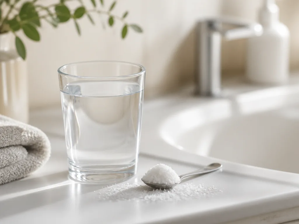 Glas vatten med salt på en ren badrumshylla, redo för hemgjord koksaltlösning