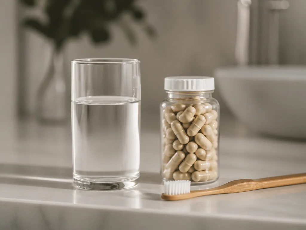 Ett glas vatten, vitamintillskott och en tandborste på en badrumsbänk, symbol för munhälsa och vätskebalans