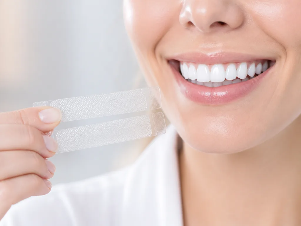 Whitening strips bredvid ett strålvitt leende, editorial produktfoto i vitt och ljusblått