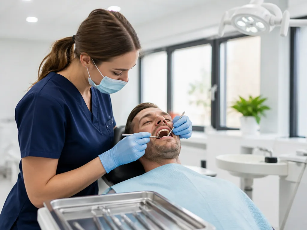 Tandhygienist undersöker patient i modernt tandvårdskontor med professionella instrument