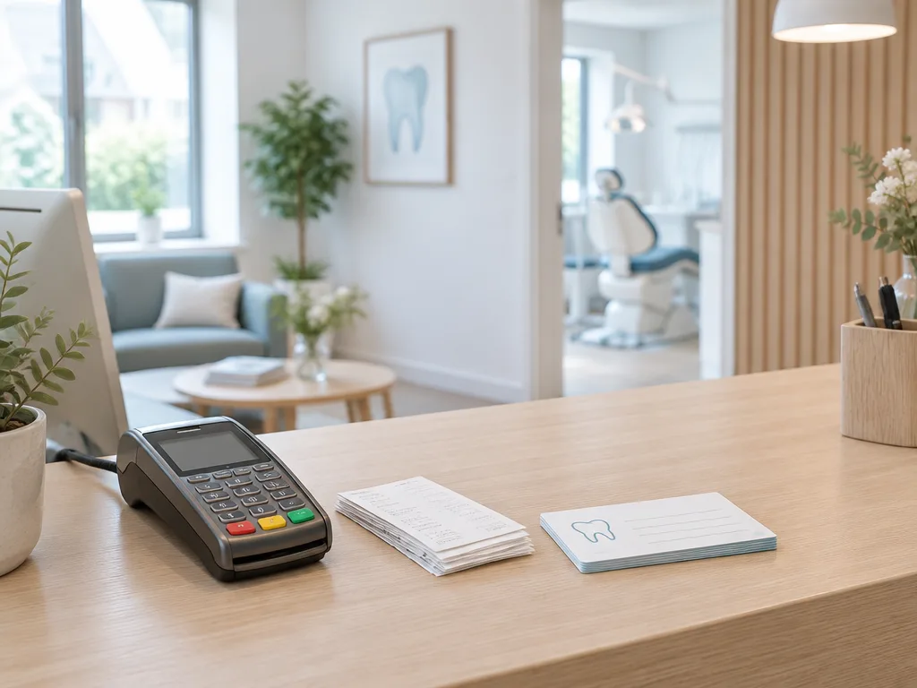 Kortterminal, kvitton och ett kallelsekort på receptionsdisken hos en ljus tandläkarmottagning