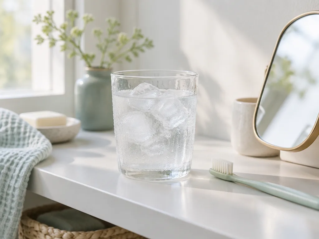 Glas med isvatten och mjuk tandborste på en hylla i morgonljus, kalla drycker kan lindra tungsveda