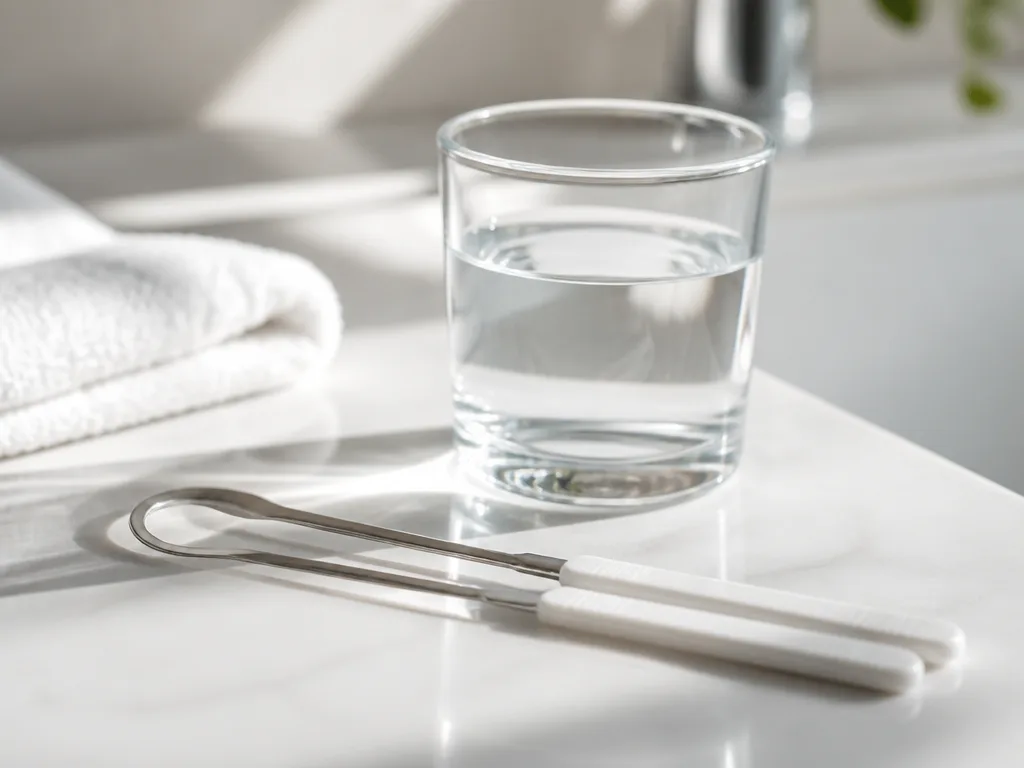 Tungskrapa och ett glas vatten på ett badrumsfat i mjukt morgonljus, för munhygien mot vit beläggning på tungan